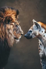  Tension and Survival: A Dramatic Standoff Between a Majestic Lion and a Defiant Hyena in the Wild © Travis