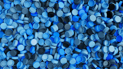 Top view on a pile of colorful plastic bottle caps. Plastic industry product. Garbage reuse. 3d render illustration