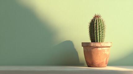 A single cactus plant in a terracotta pot rests on a shelf against a light green wall