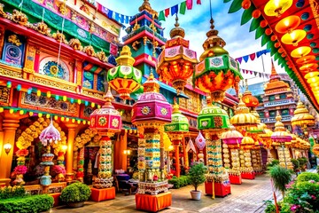 Vibrant and Intricate Temple Decorations for Festival Celebrations, Showcasing Colorful Lanterns, Garlands, and Traditional Artistry in a Cultural Extravaganza Setting