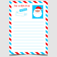 Christmas letter template with airmail border frame, empty lines to fill out and cute Santa character. Ready to print or for web postcard to complete by children to express wishes for presents.
