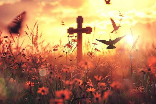 Easter Religious concept  Silhouette cross and birds flying on meadow autumn sunrise