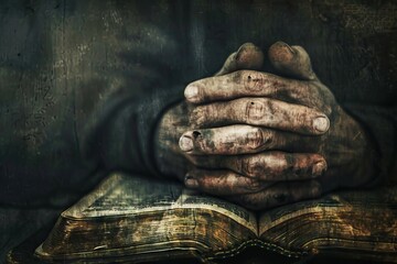 Hands folded in prayer on a Holy Bible in church concept for faith  spirtuality and religion
