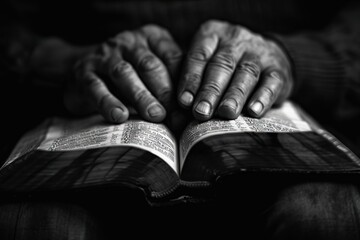 man praying with hand on bible black background stock image stock photo