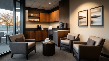 Modern office break room with cozy seating area, wooden cabinets, coffee machine, and large windows overlooking outdoor scenery