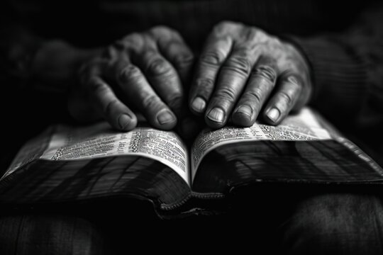 man praying with hand on bible black background stock image stock photo