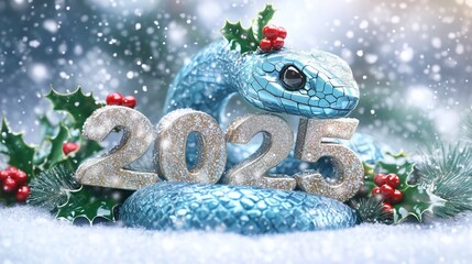 A festive blue snake decorating for New Year 2025 in a snowy winter landscape with holly and glittering numerals