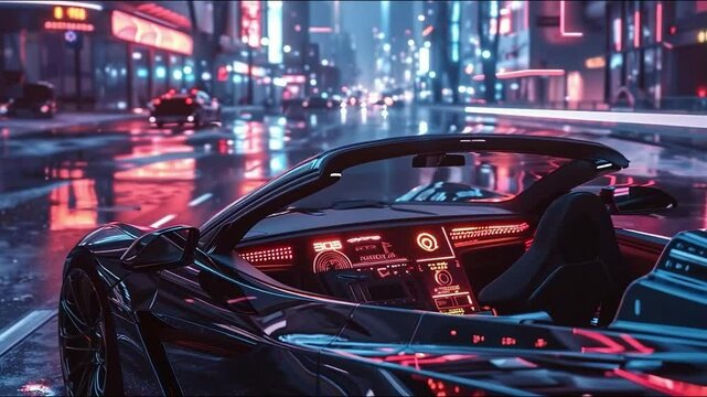  Innovative sports car  interior in cyberpunk futuristic city, lights at night