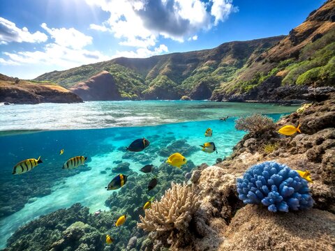 Vibrant Coral Reefs and Tropical Fish at Hanauma Bay in Oahu, Hawaii: An Underwater Snorkeling Adventure with Stunning Marine Life and Crystal Clear Waters