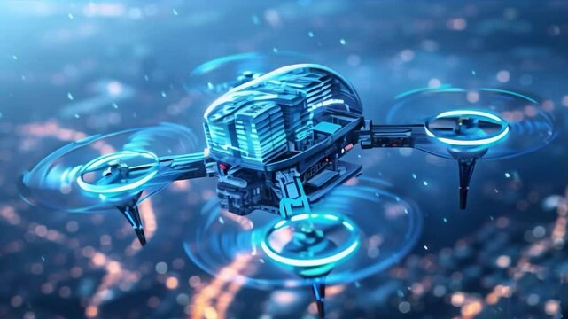 Modern drone flying above city at night