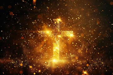 Religious cross in abstract wallpaper with gold sparkles and lights.