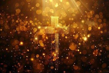 Religious cross in abstract wallpaper with gold sparkles and lights.