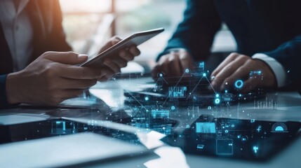 Engineer and architect analyze project under construction with new technology and innovation on digital tablet and network of construction icons on futuristic virtual interface.