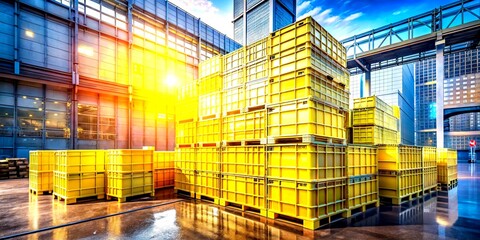 Vibrant Double Exposure Photography of Yellow Plastic Boxes for Transporting Goods, Showcasing Their Versatility and Utility in Modern Logistics and Warehousing Solutions