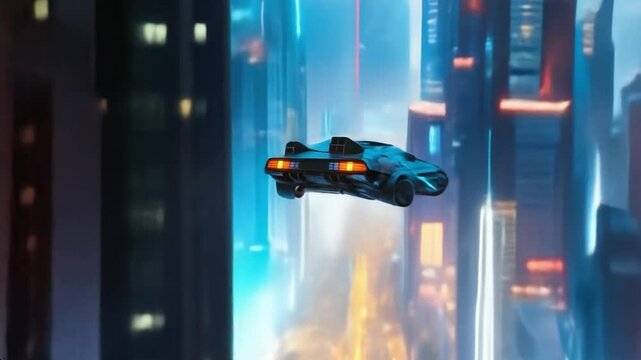 Flying car in cyberpunk futuristic city, future of vehicles, city landscape
