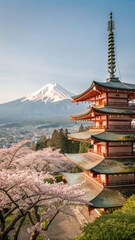 Cherry Blossoms Bloom at Chureito Pagoda With Mt Fuji in the Background in Fujiyoshida, Japan. Generative AI