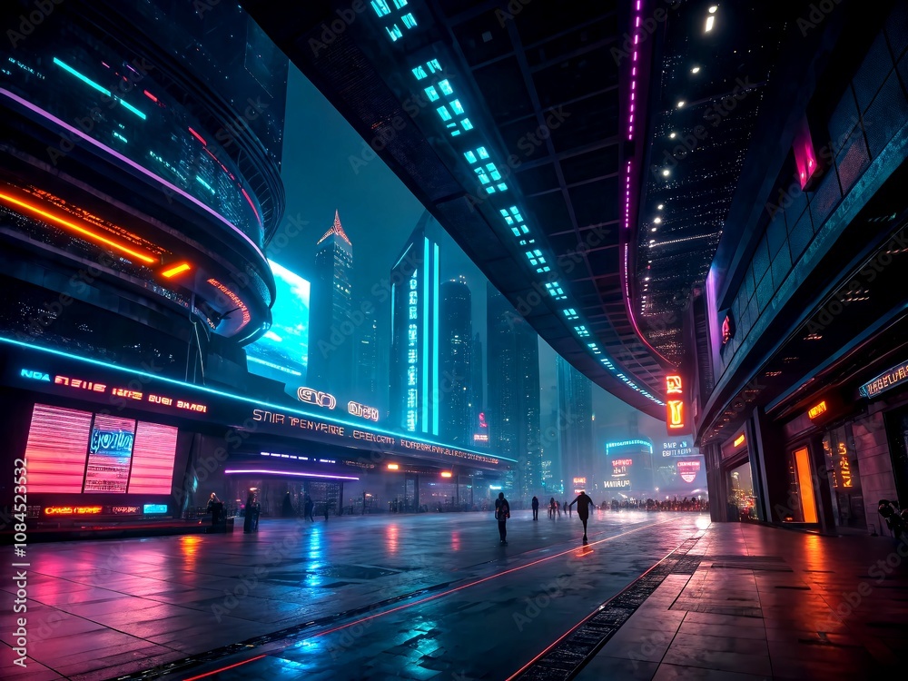 Poster vibrant futuristic digital background featuring neon lights and high-tech structures in an abstract 