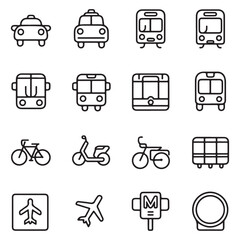 Modern Minimalist Public Transportation Line Icons: Taxi, Train, Tram, Bus, Subway & More – Perfect for Apps & Maps