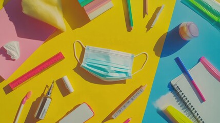 Flat lay top view of face mask and school supplies, back to school and coronavirus concept.