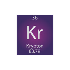 Kr Krypton Noble gas Chemical Element Periodic Table. Simple flat square vector illustration, simple clean style Icon with molar mass and atomic number for Lab, science or chemistry class.