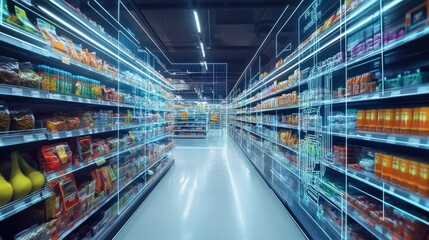 Futuristic shopping experience with digital overlay in a supermarket, advanced supply chain technology