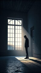 Fototapeta premium Man Stands Pensively Near a Bright Window in a Dark Room During the Evening Light. Generative AI
