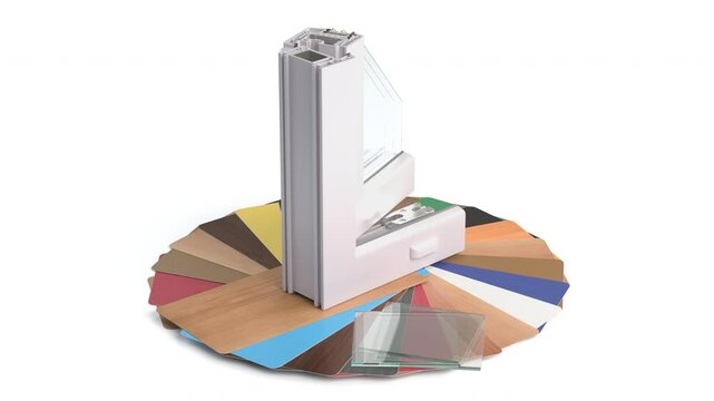 Plastic PVC windows profile samples of different colors. Cross section. 3d animation