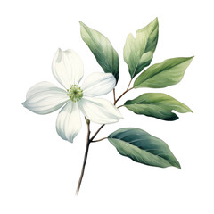 Watercolor Painting of a Single White Dogwood Blossom and Green Leaves