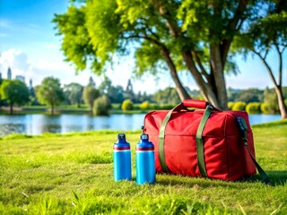 Obraz premium Vibrant Red Duffel Bag with Two Blue Water Bottles in a Scenic Park Setting, Perfect for Outdoor Adventures and Fitness Enthusiasts Exploring Nature