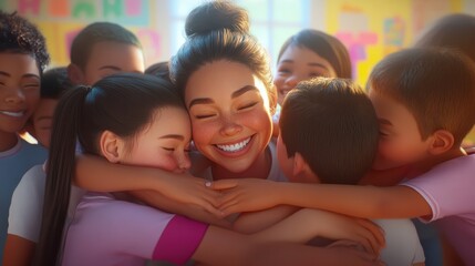 Happy diverse kids, multicultural junior school children students hugging embracing female teacher appreciating and thanking educator in classroom, having fun, celebrating back to school concept.