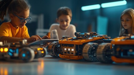 Happy diverse school children students group building robotic vehicle robot cars using tablet computer education software apps. Kids learning programming sit at table at STEM coding engineering class