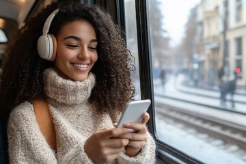 Fototapeta premium A woman is sitting on a train with her phone in her hand. She is smiling and she is enjoying herself