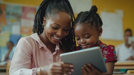 Happy mature female teacher educator helping African American junior school kid girl student using digital tablet computer education program app technology during elementary class lesson in classroom