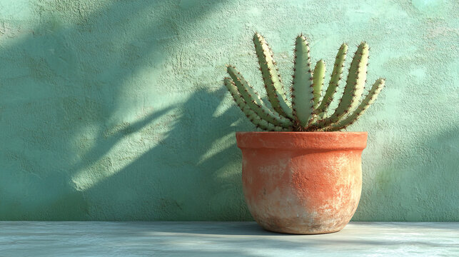 A terracotta pot containing a cactus plant rests on a pale blue surface - Powered by Adobe
