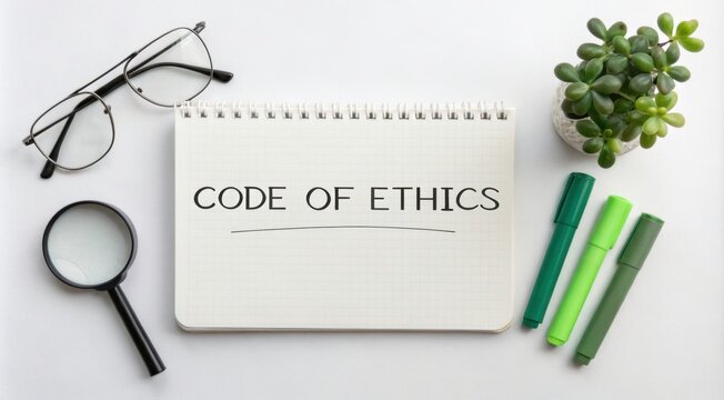 Notebook With Code of Ethics Text on White Background Accompanied by Glasses and Stationery Items. Generative AI