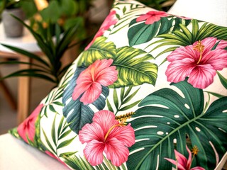 Obraz premium Vibrant Tropical Paradise: A Stunning Display of Pink Hibiscus Flowers, Lush Green Leaves, and Exotic Plants in a Bright Tropical Pattern for Home Decor and Fashion Design