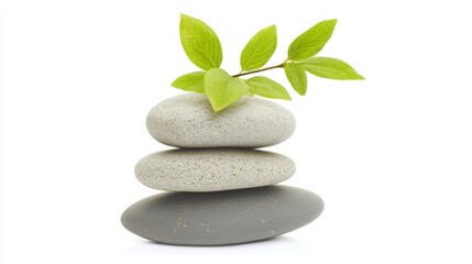 Obraz premium A serene arrangement of three smooth stones with delicate green leaves, symbolizing balance and tranquility.