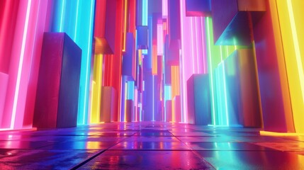 A vibrant, futuristic corridor filled with colorful lights and geometric shapes.