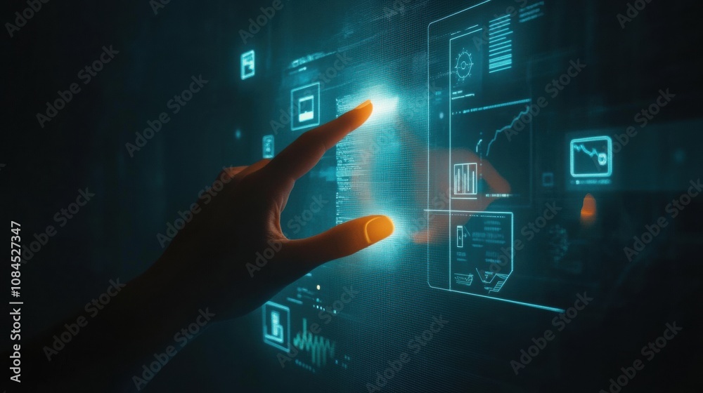 Poster A hand reaches out to touch a holographic display filled with icons for settings and security in a contemporary office environment. Generative AI