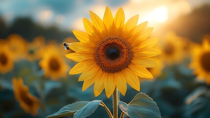 A single sunflower blooms in a field at sunset with a bee flying by.