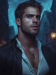 portrait of a man at night in a town street - generative ai