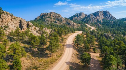 Winding dirt road through a scenic mountain landscape under a clear blue sky, AI