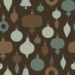 Modern mid century Christmas tree toys, groovy flat seamless pattern