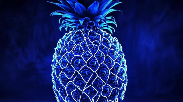 A single pineapple is featured, bathed in electric blue light