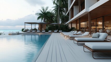Fototapeta premium Luxury outdoor swimming pool area with lounge chairs and covered seating, surrounded by tropical palm trees and modern architecture, set near a beach with ocean view at sunset.