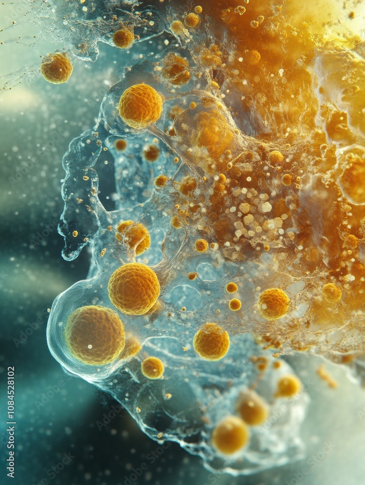 Leinwandbilder A close-up exploration reveals various cell shapes and structures teeming with vibrant colors, illustrating cellular dynamics at play. Generative AI