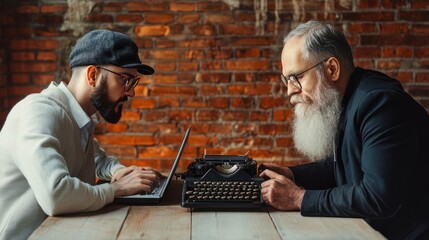 retro typewriter vs laptop. technology generation battle. Modern life. father and son. technology development and improvement. youth vs old age. business approach. two bearded men. Vintage typewriter