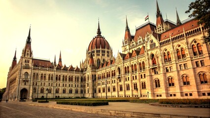 Fototapeta premium Vintage Style Illustration of the New Parliament Building Capturing Architectural Elegance with Classic Color Palette and Textures for Historical and Educational Use