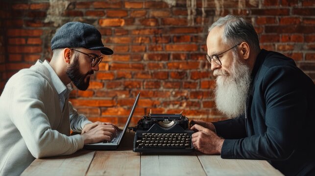 retro typewriter vs laptop. technology generation battle. Modern life. father and son. technology development and improvement. youth vs old age. business approach. two bearded men. Vintage typewriter