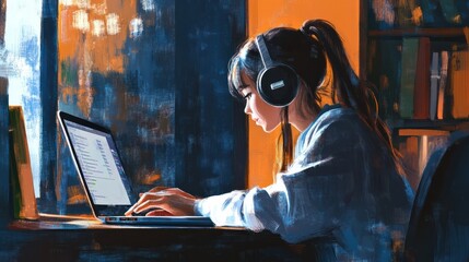 school, education and learning concept - student girl having online class on laptop at home